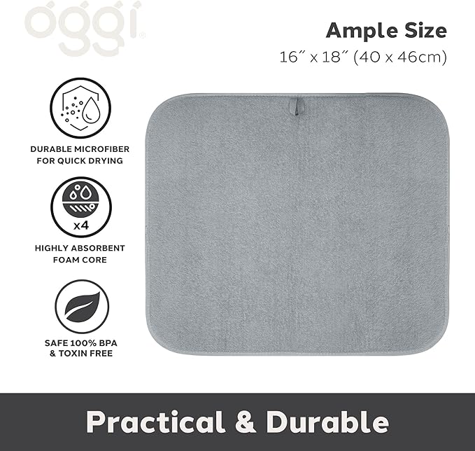 OGGI Absorbent, Reversible Microfiber Dish Drying Mat for Kitchen, Dish Drying Pad, 16 Inch x 18 Inch, Large, Gray