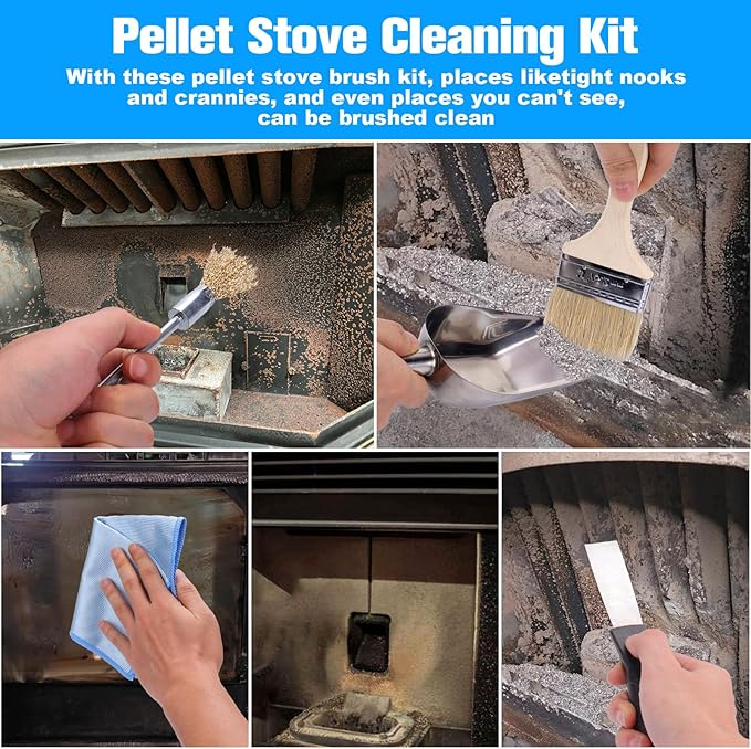 XANGNIER Pellet Stove Cleaning Kit,Pellets Stove Brush Cleaner Accessories Tools-Including Professional Steel Wire Brush,Stainless Steel Shovel,Storage Bag,Cleaning Stove Pellet Indoor