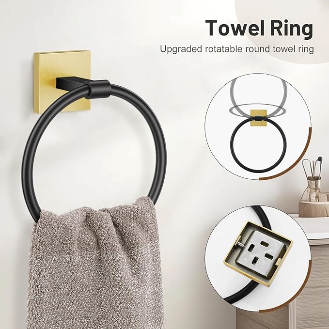 Towel Ring Set 4 Piece Bathroom Hardware Set Includes Towel Ring 2 Towel Hooks and Toilet Paper Holder Stainless Steel Wall Mounted (Black Gold)