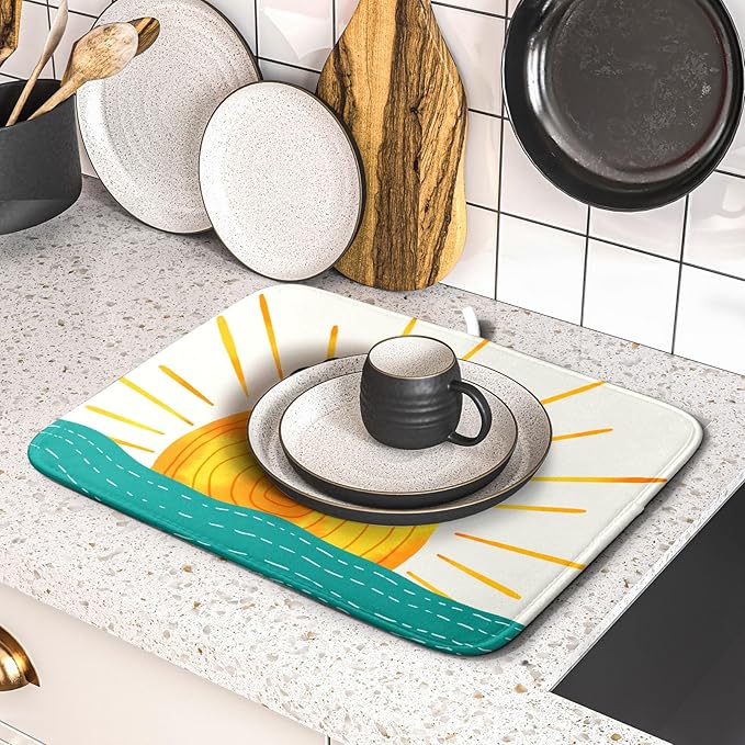 Summer Seaside Sunset over Sea Dish Drying Mat for Kitchen Counter,Hello Sunshine Drying Mat 16 x 18 Inch with Absorbent Reversible Microfiber Drying Pad for Coffee Bar