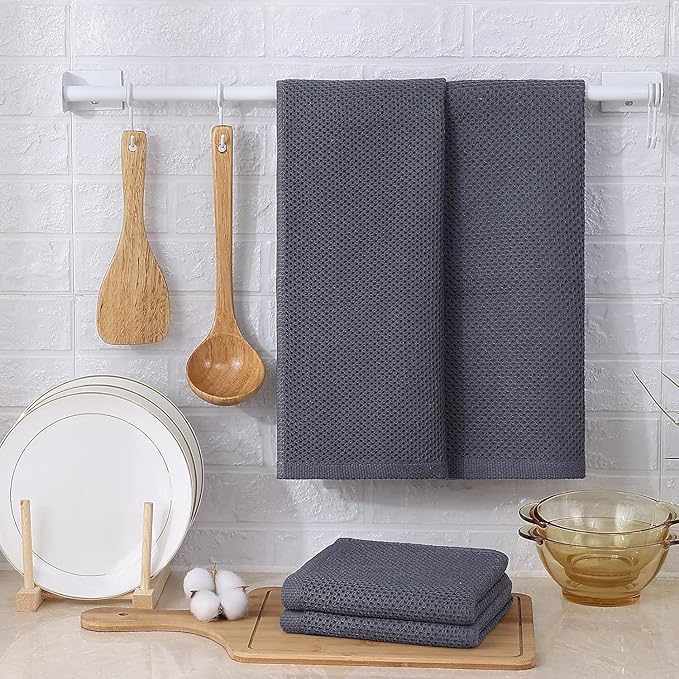 Kitinjoy 100% Cotton Waffle Weave Kitchen Hand Towels (13 X 28 Inches, Dark Grey), 12-Pack Super Soft and Absorbent Dish Towel for Drying Dishes