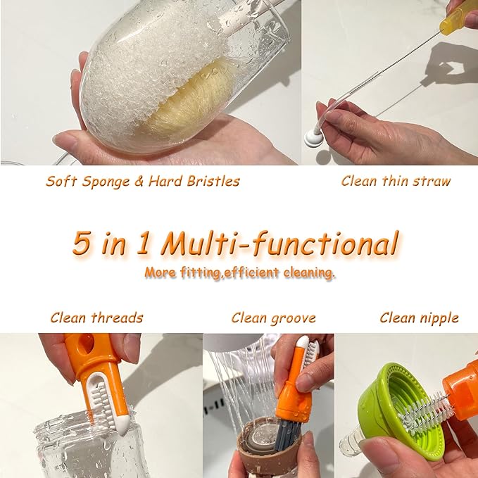 5 in 1 Bottle Cleaning Brush Set, 2026 Multifunctional Cleaning Brush for Cup Lid, 5 in 1 Bottle Brush, Detail for Baby Bottle Nipple & Straw, Water Bottle Cleaner, 2 Pack Set