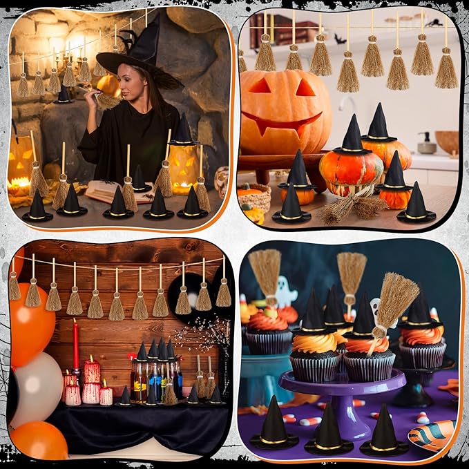 48 Pcs Mini Witch Hats and Broom for Crafts Halloween Wizard Accessories for Party Favors Decor (Black,1.5 Inches)