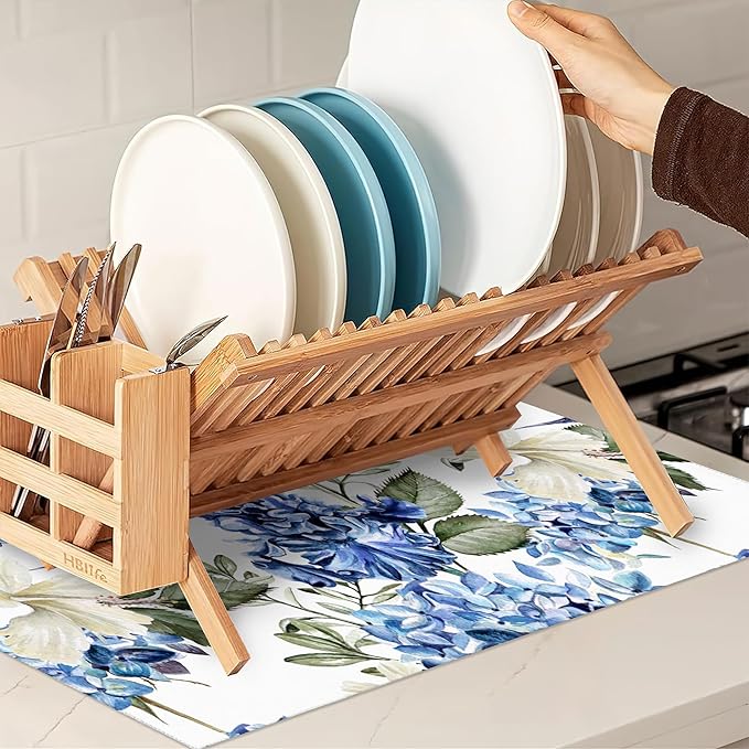 Blue Hydrangea Flowers Dish Drying Mat,Bird Drying Rack Pad Countertop Dishes Ultra Absorbent Microfiber Kitchen Counter Mat for Coffee Countertop Decor 18x24 Inch
