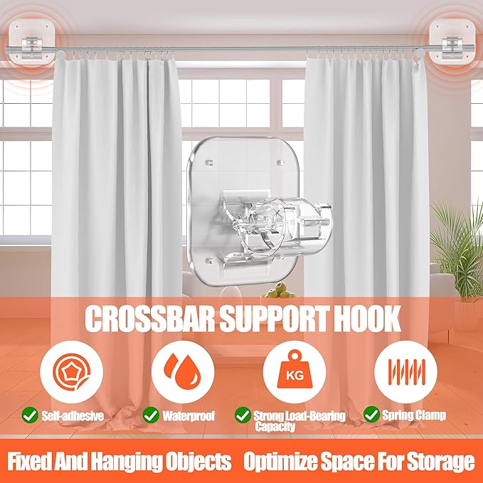 Adhesive Curtain Rods No Drilling Holder,No Drill Curtain Rod Brackets,Renter Friendly Curtain Hooks for Hanging Drapes,Over Blinds for Dorm Apartment Kitchen Bedroom Home Bathroom