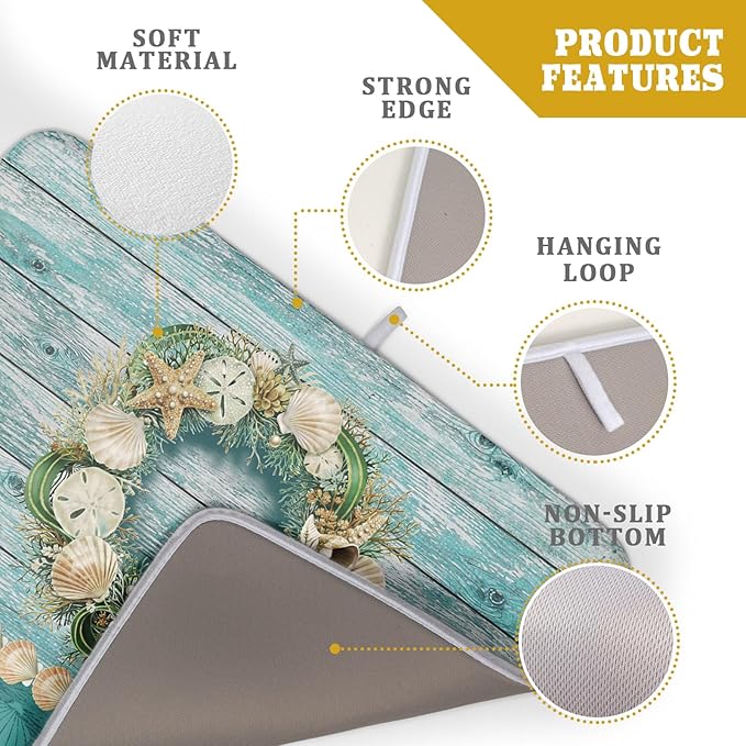 Hello Summer Dish Drying Mat for Kitchen Counter,Sea Shell Starfish Coastal Wreath Drying Mat 18 x 24 Inch with Absorbent Reversible Microfiber Drying Pad for Coffee Bar