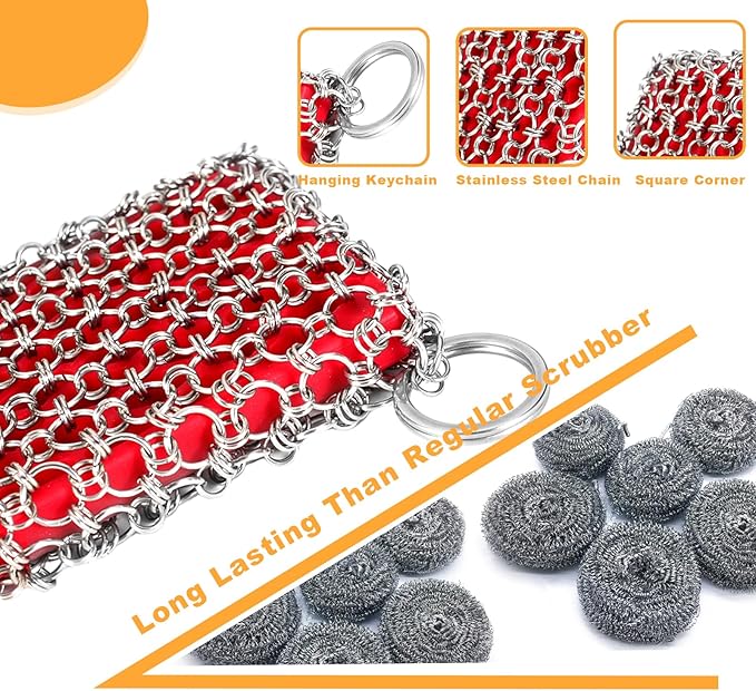 TEZZ Cast Iron Scrubber, Skillet Chainmail Scrubber for Cast Iron Pan - Chain Mail Scrubber Cast Iron Sponge - Metal Scrubber Cast Iron Skillet Cleaner, Wok, Frying Pans, Dutch Oven Cleaning Scrubber
