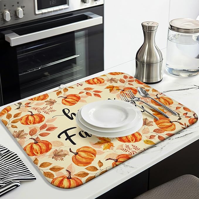 Fall Dish Drying Mat for Kitchen Counter,Autumn Pumpkin Maple Leaf Pattern Microfiber Drying Mat,Washable Absorbent Countertop Harvest Thanksgiving Dish Mat Drain Mat,18x24 Inch
