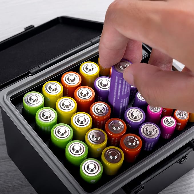 JJC Hard Case for AA AAA Battery with Tester Checker,34 Slots Battery Storage Organizer for 20 AA and 14 AAA Battery, Water-Resistant and Shockproof, AA and AAA Battery Holder Container