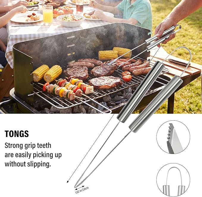 BBQ Grill Accessories Set, Grill Tools Grilling Accessories Grilling Gifts for Men - Spatula, Fork, Brush, Tongs & Cleaning Brush - Outdoor Barbecue Utensils Gifts for Men Dad Him (Sliver)