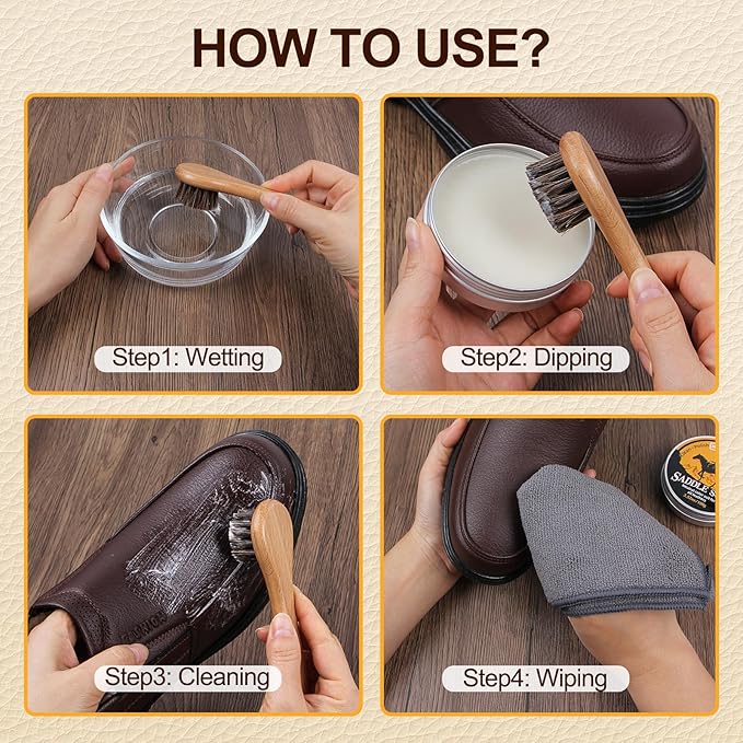 4 Pcs Leather Cleaner Boots Shoes Cleaning Kit-3.52oz Saddle Soap for Leather Items Cleaning, Including One Horsehair Shoes Polish Brush, Shine Cloth and Sponge Pad
