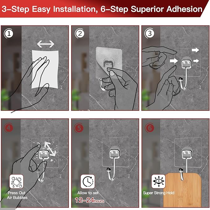 Large Adhesive Hooks 12-Pack, Heavy Duty Wall Hooks for Bathroom, Kitchen, Outdoor, Strong Self-Adhesive Towel & Coat Hooks, Waterproof Transparent Utility Hooks for Home Improvement