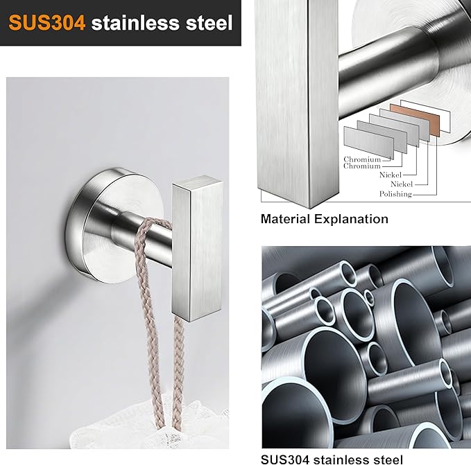 Towel Hooks for Bathrooms, Brushed Nickel Towel Hook for Kitchen Bathroom, SUS304 Stainless Steel Coat Hook, Heavy Duty Holder Robe Hooks for Hanging Towels, Coats, sponges, Wall Mount, 4 Pack