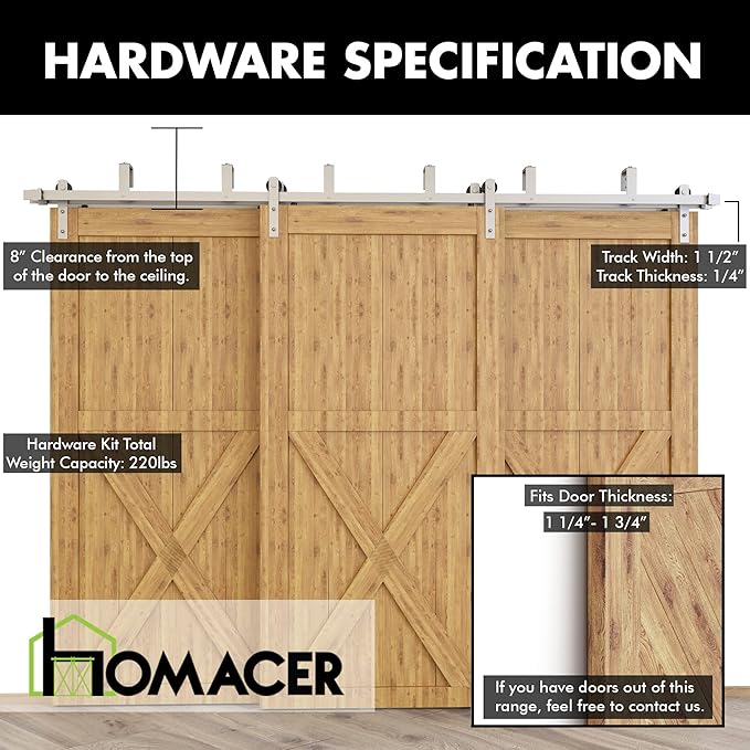 Homacer Brushed Nickel Double Track U-Shape Bypass Sliding Barn Door Hardware Kit, for Three Doors, 18ft Long Flat Track, Straight Design Roller