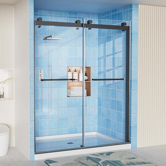Frameless Shower Door, 56-60" W x 72" H Double Sliding Shower Doors, 1/4" (6mm) Thick Tempered Clear Glass Door with Explosion-Proof Film Nano Coating, Stainless Steel Hardware, Matte Black