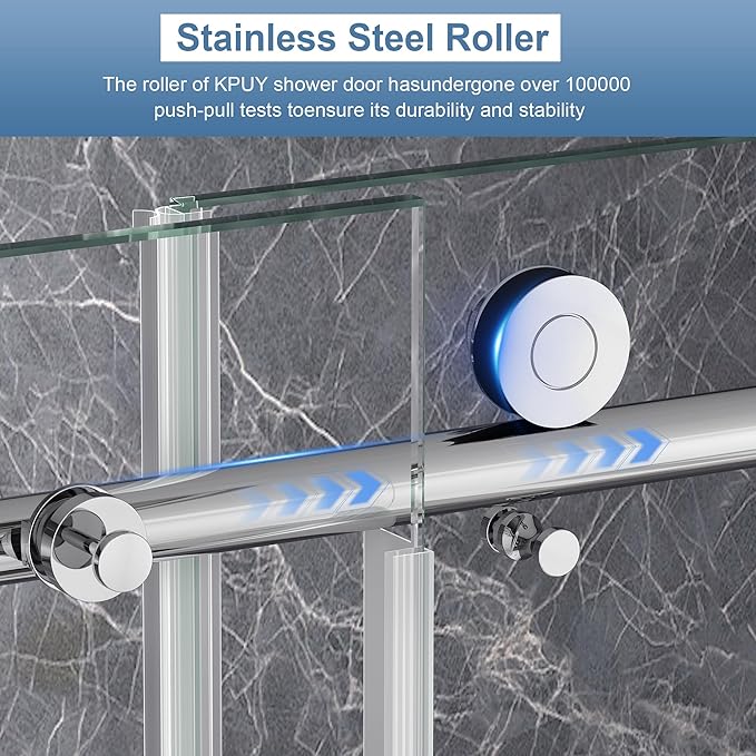 KPUY Frameless Shower Door, 61-66" W x 76" H Sliding Glass Shower Door, 1/4" (6mm) Thick Tempered Clear Glass with Explosion-Proof Film Nano Coating, Stainless Steel Hardware, Chrome