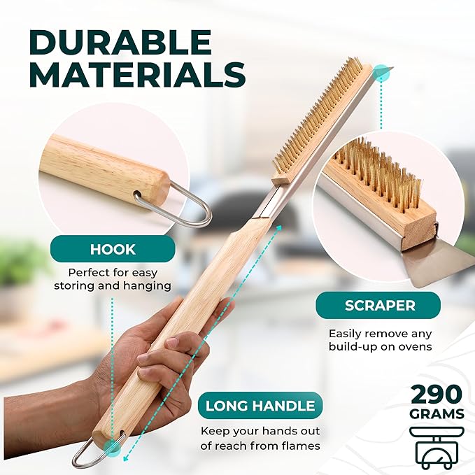 Urban Whisk 22" Pizza Oven Brush with Scraper & Turning Fork – Heat-Resistant Brass Bristles, Stainless Steel Scraper, Extra-Long Handle + Spare Head