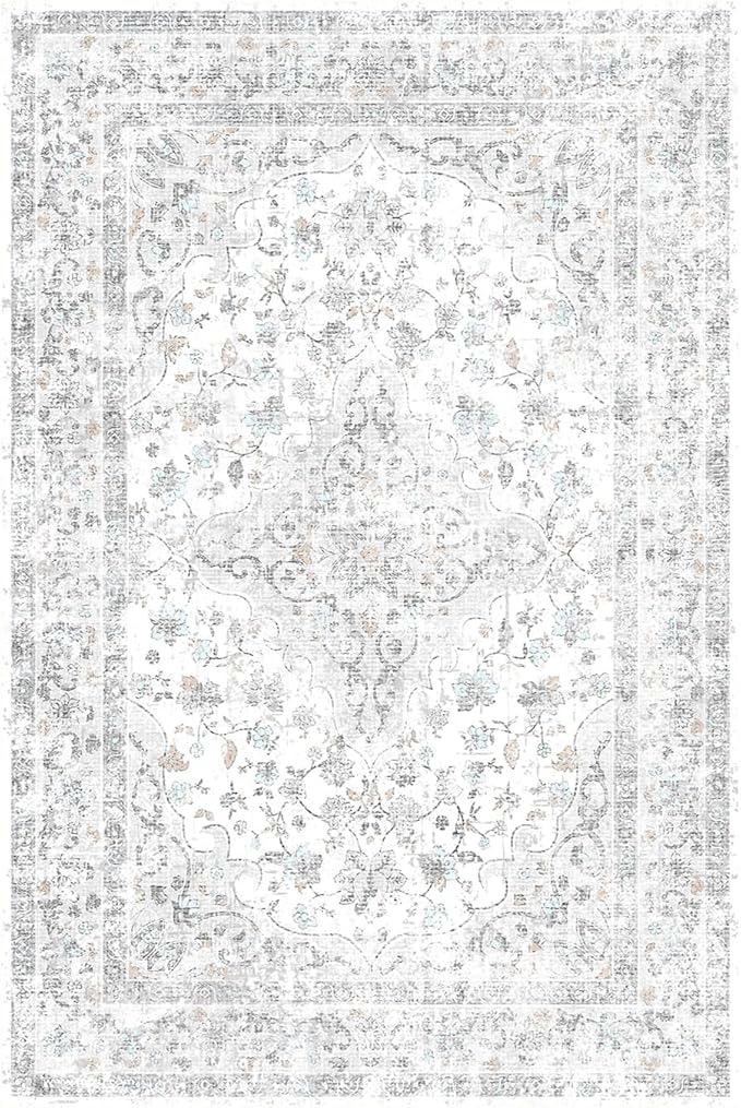 Area Rugs 5x7, Washable Grey Rugs for Living Room, Bedroom, Non Slip, Neutral Floral Vintage Indoor Rug for Farmhouse Nursery, Dining Room, Kid Room, Office, Dorm