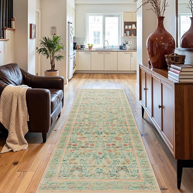 2x5 Floral Runner Rug, Washable Runners for Hallways, Green Vintage Boho Kitchen Rugs, Non Slip Hallway Runner Carpet for Indoor Hallway, Kitchen, Laundry Room and Bathroom(Mint Green 2x5ft)