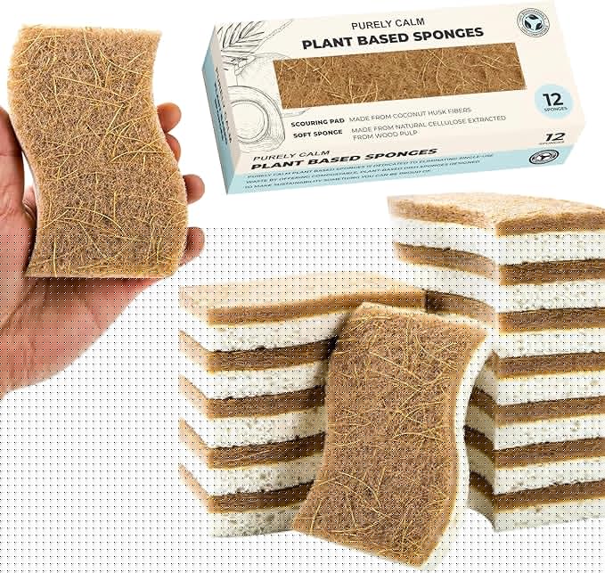 Plant Based Natural Sponge - Pack of 12 Cellulose Sponges, Safe on Non-Stick Cookware, Dual Sided Dish Sponge for Washing Dishes, Kitchen and Household