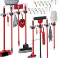 2 Pack Mop and Broom Holder Wall Mount – Self-Adhesive Stainless Steel broom hanger organizer – 4 Clamps, 3 Hooks – Holds Up to 40 Lbs