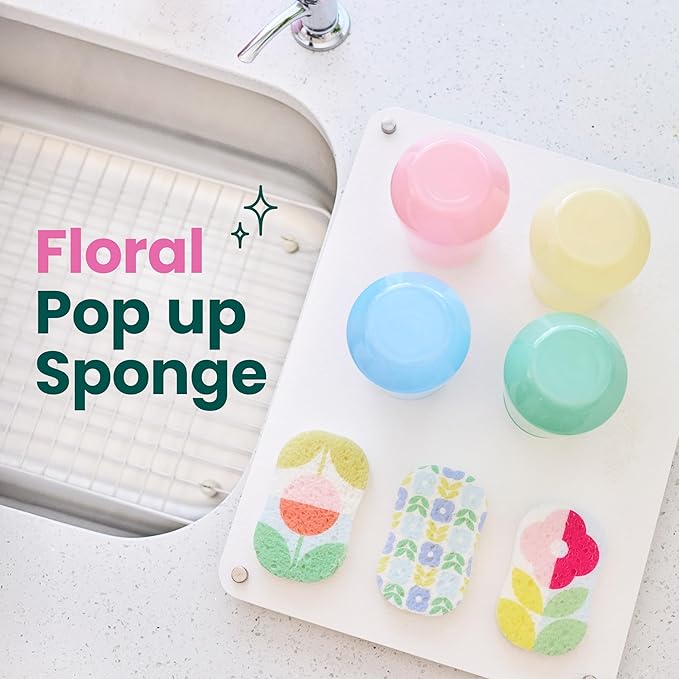 Scotch-Brite Brite Blooms Pop Up Kitchen Sponges, Unique Compressed Kitchen Sponge for Cleaning Gently, Spring Flower Pattern Dish Sponge That Expands with Water, 3 Scrubbing Sponges