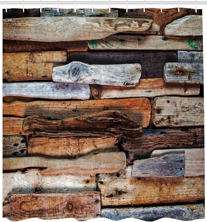 Ambesonne Driftwood Shower Curtain, Wooden Theme Driftwood and Knotty Planks in The Vintage Style Design Digital Image, Cloth Fabric Bathroom Decor Set with Hooks, 69" W x 84" L, Brown