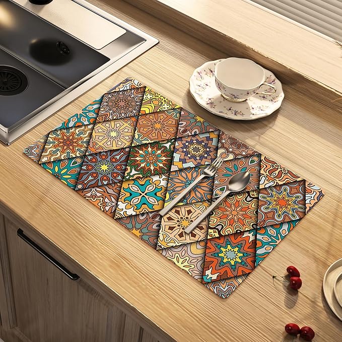 Dish Drying Mat Mexican Absorbent Coffee Mat Rubber Backed Moroccan Soft Silicone Kitchen Dish Draining Mat for Kitchen Bathroom Coffee Bar (Rhombic, 16 x 24 Inches)