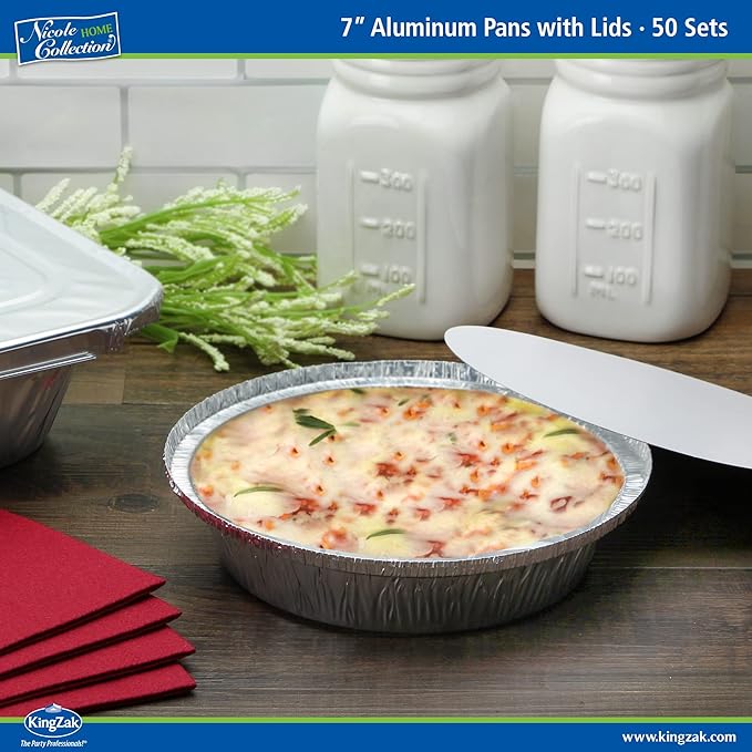 Nicole Home Collection Aluminum Pans 7” Round Disposable Foil Pans With Lids (50 Pack) – 7 Inch Round Disposable Takeout Pans With Board Lids (7" Inch Round)