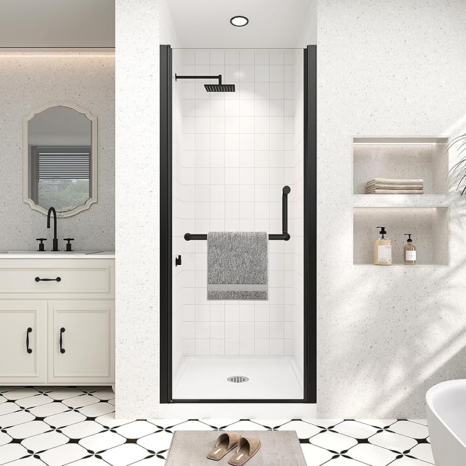 Frameless Pivot Shower Door 28"-30" Wx72 H,1/4"(6mm) Clear Nano Coated (SGCC) Tempered Glass,Reversible Swing Shower Door for Walk-in Shower,Modern Matte Black Finish