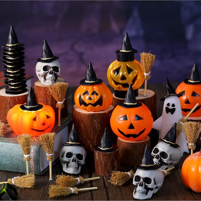 48 Pcs Mini Witch Hats and Broom for Crafts Halloween Wizard Accessories for Party Favors Decor (Black,1.5 Inches)