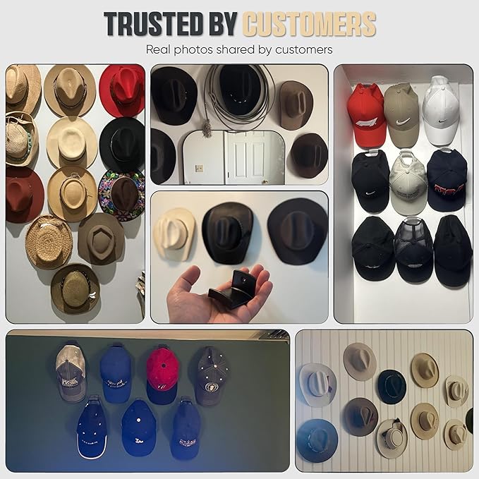 Modern JP Adhesive Hat Hooks for Wall (8-Pack) - Cowboy Hat Rack, Wide Brim Hat Organizer, Strong Hold Hat Hangers for Wall - Clear