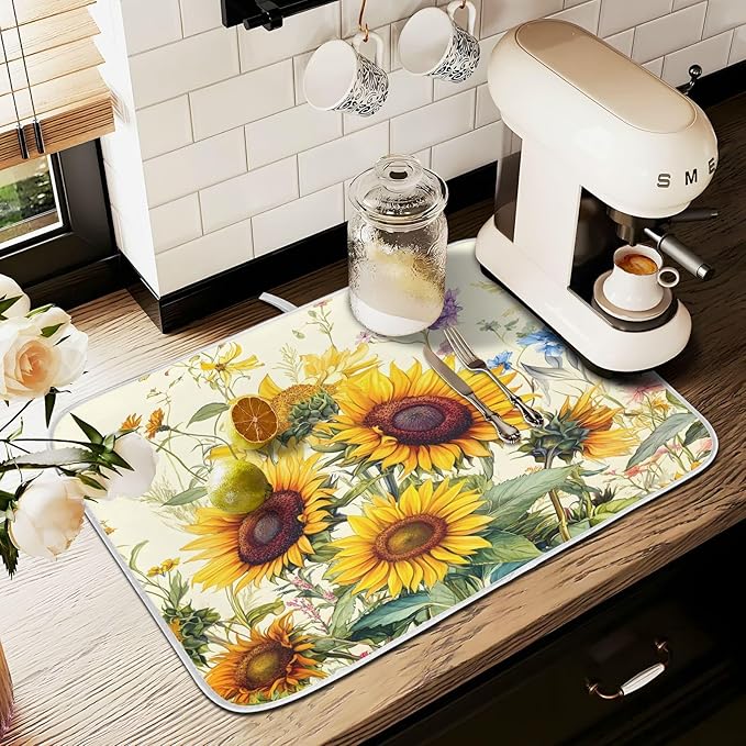 Blooming Sunflowers Dish Drying Mat for Kitchen Counter Absorbent Microfiber Small Drying Pad Dish mats for Kitchen Countertops 16 x 18 Inch