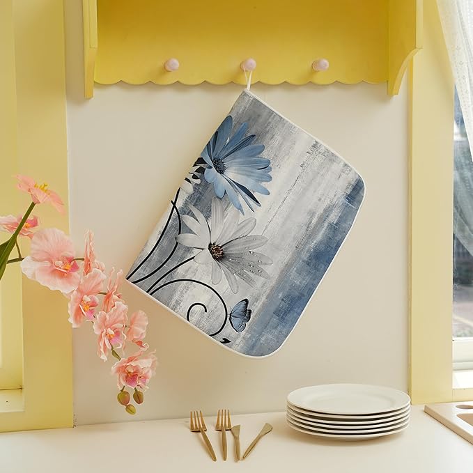 Floral Dish Drying Mat 18x24 Inches For Kitchen Counter Blue Daisy Flower Kitchen Decoration Drying Mat Modern Decorative Drying Pad For Home Kitchen Decor,Dining Room,Office Decor