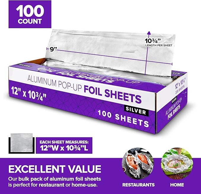 Pre-cut Deli Aluminum Foil Sheets,100 Count 12x10” Heavy Duty Pop Up Foil Sheets for Restaurants, Disposable Foil Sheets for Food, Tin Foil Sheets for Burrito, Hot Dogs, or Sandwich