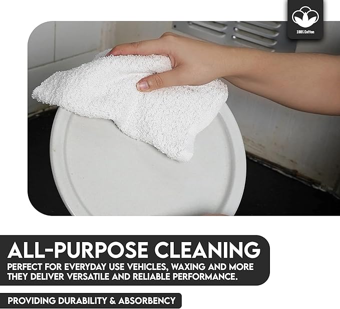 Terry Bar Mop Towels - 24 Pack (14"x17") White Cotton Terry Cloths, Super Absorbent Cleaning Rags, Reusable Bar Mop Towels for Kitchen, Garage, Salon, Spa & Commercial Use