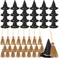 48 Pcs Mini Witch Hats and Broom for Crafts Halloween Wizard Accessories for Party Favors Decor (Black,1.5 Inches)