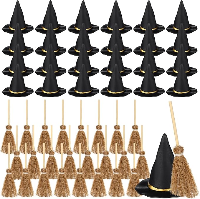 48 Pcs Mini Witch Hats and Broom for Crafts Halloween Wizard Accessories for Party Favors Decor (Black,1.5 Inches)