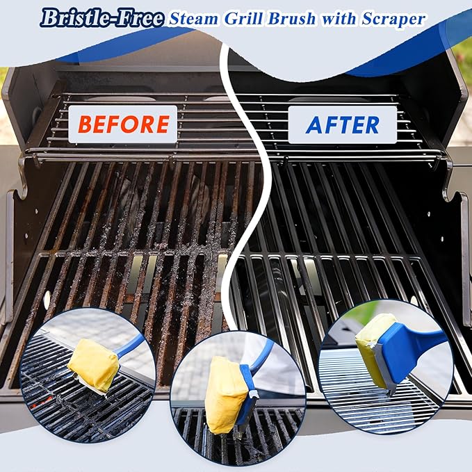 Grill Brush Bristle Free, BBQ Grill Brush for Outdoor Grill, Steam Grill Cleaner with Scraper for Cast Iron/Stainless-Steel Grates, Replaceable Cleaning Head & Extended Handle, Grilling Gifts for Men