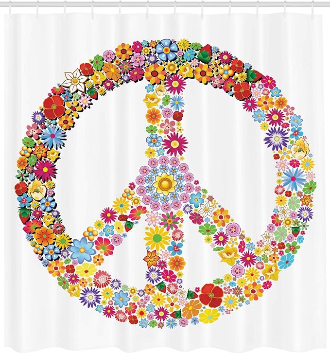 Ambesonne Groovy Shower Curtain, Floral Peace Sign Summer Spring Blooms Love Happiness Themed Illustration Print, Cloth Fabric Bathroom Decor Set with Hooks, 69" W x 75" L, White