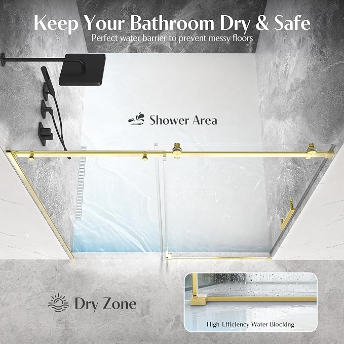 Shower Door Frameless 56-60'' W x 72'' H, Sliding Glass Door, 5/16 inch (8mm) Thickness Clear Tempered Glass for Walk-in Shower, Golden