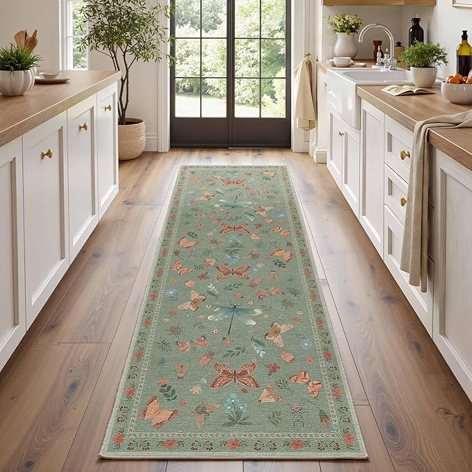 2x6 Floral Runner Rug, Washable Runners for Hallways, Green Vintage Boho Kitchen Rugs, Non Slip Hallway Runner Carpet for Indoor Hallway, Kitchen, Laundry Room and Bathroom