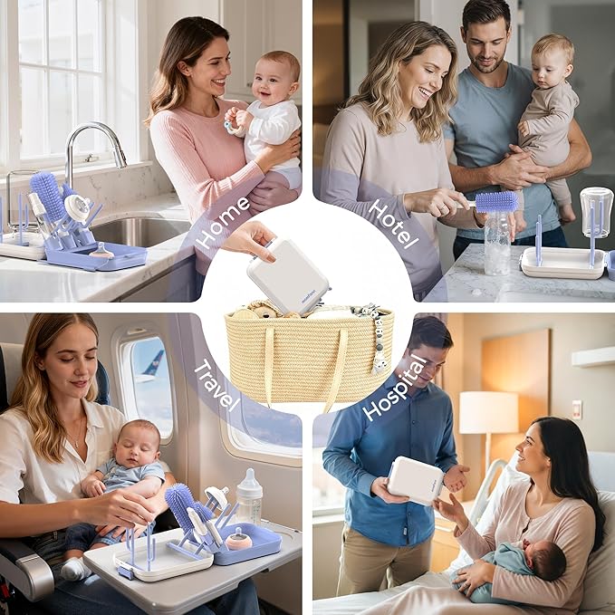 Baby Bottle Brush Set,8 in 1 Magnetic Design Cleaner Bottle Brush Kit with Silicone Brush,Drying Rack for Baby Bottle, Breast Pumps,Nipples - Home&Travel Gift for New Parents