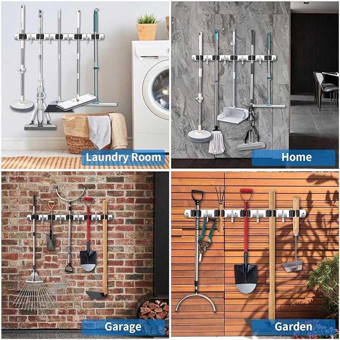 Broom Holder Wall Mount, Stainless Steel Broom Hanger Wall Mount, Heavy Duty Mop and Broom Holder Tool Racks Utility Hooks for Laundry Room Garden Garage, Grey (5 Racks and 4 Hooks)