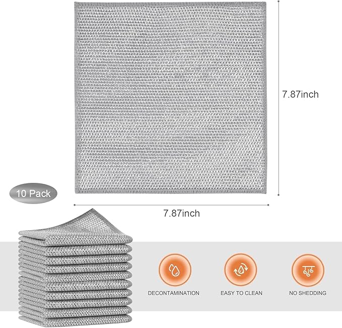 SINLAND Silver Mesh Dish Cloths Wire Dish Washing Rags Magic Cleaning Cloths Stainless Steel Metal Cloth for Dishes Sinks Counters Stove Tops Easy Rinsing 7.87x7.87 Inch 10 Pack