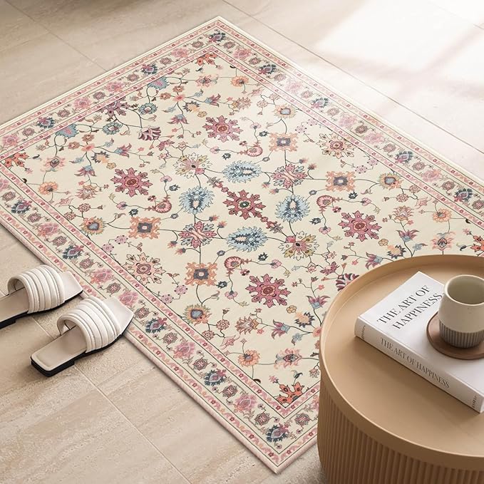 Pink Door Mat Floral Entryway Rug, Washable Samll 2x3 Rug, Boho Front Door Mat, Non Slip Area Rugs, Low Pile Throw Carpet for Indoor Entrance,Bathroom,Girls Room and Kitchen(Blush Pink 2x3ft)
