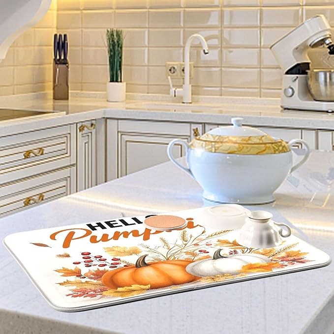 Hello Pumpkin Dish Drying Mat for Kitchen Countertop 16x18 Fall Harvest Leaves Berry White Small Drying Mat Reusable Quick Dry Dish Sink Mats Easy Clean Decorative Essentials
