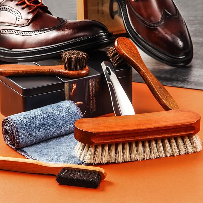 6 Pcs Horsehair Shoe Brush Kit Polishing Daubers Applicators Leather Care Brushes Shine Cleaning Cloth with Case(Shoe Brush Set A)