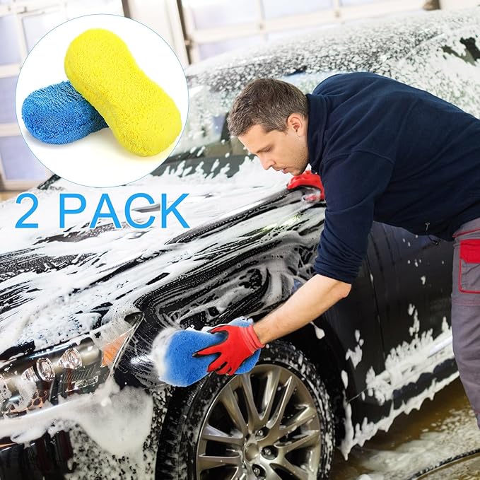 Tanlade 2 Pcs 2 Pack Large Microfiber Car Wash Sponge for Cleaning, Non Scratch Microfiber Sponges for Car Washing Supplies, Trucks and Motorcycles (Blue,Yellow)