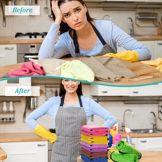 Microfiber Cleaning Cloth Set - 6 Pack Microfiber Towel 12"x12" with Printed Use Labels, Color-Coded Dish Rags Cleaning Towels, Reusable Rags for Cleaning House, Kitchen, Car, Bathroom